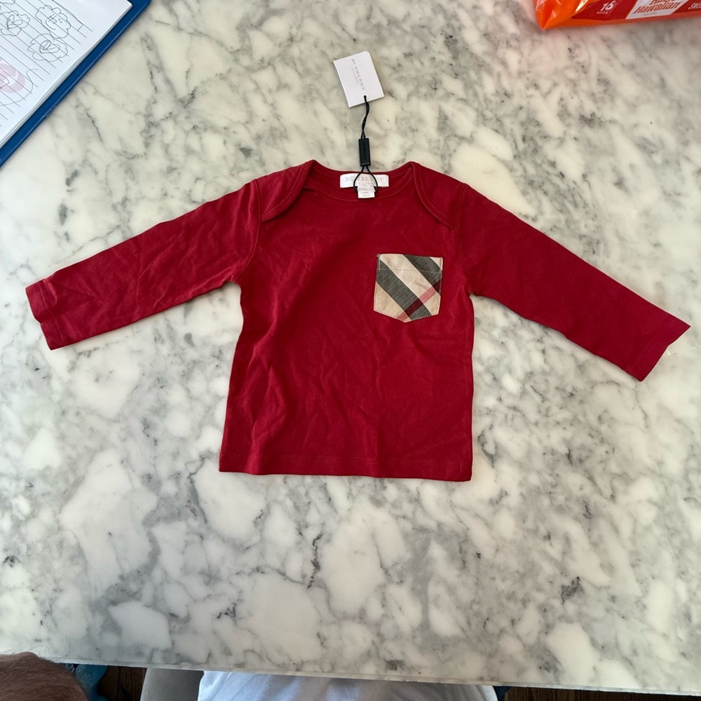 Burberry Kids Red Long Sleeve Tee with Plaid Pocket